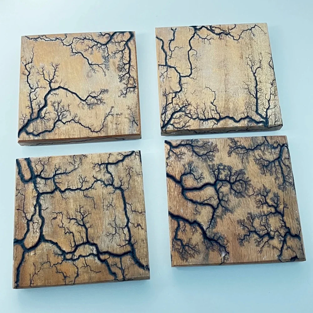 Handmade Coaster Set Lichtenberg Fractal Wood  Burning 4in Brown Lightning Art